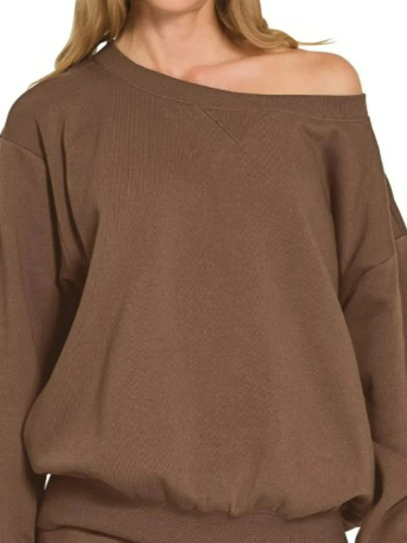 Trendsi Zenana Fleece Boat Neck Sweatshirt and Shorts Set