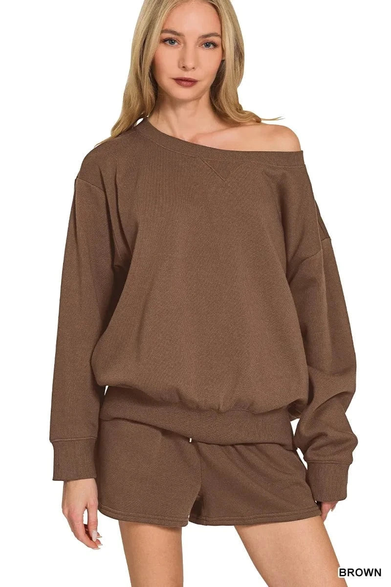 Trendsi BROWN / S Zenana Fleece Boat Neck Sweatshirt and Shorts Set