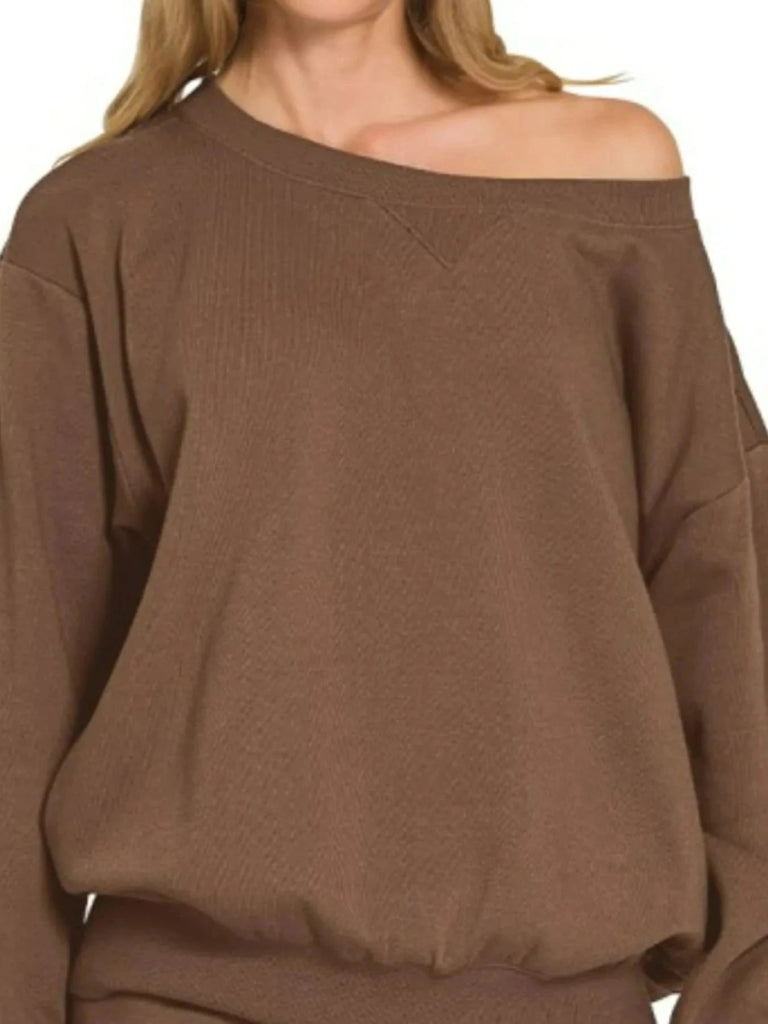 Zenana Fleece Boat Neck Sweatshirt and Shorts Set - BROWN by Trendsi from FREYA’S CLOSET