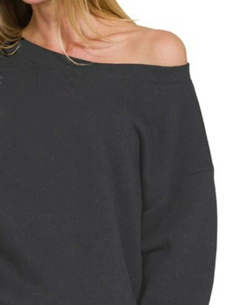 Zenana Fleece Boat Neck Sweatshirt and Shorts Set - BLACK by Trendsi from FREYA’S CLOSET