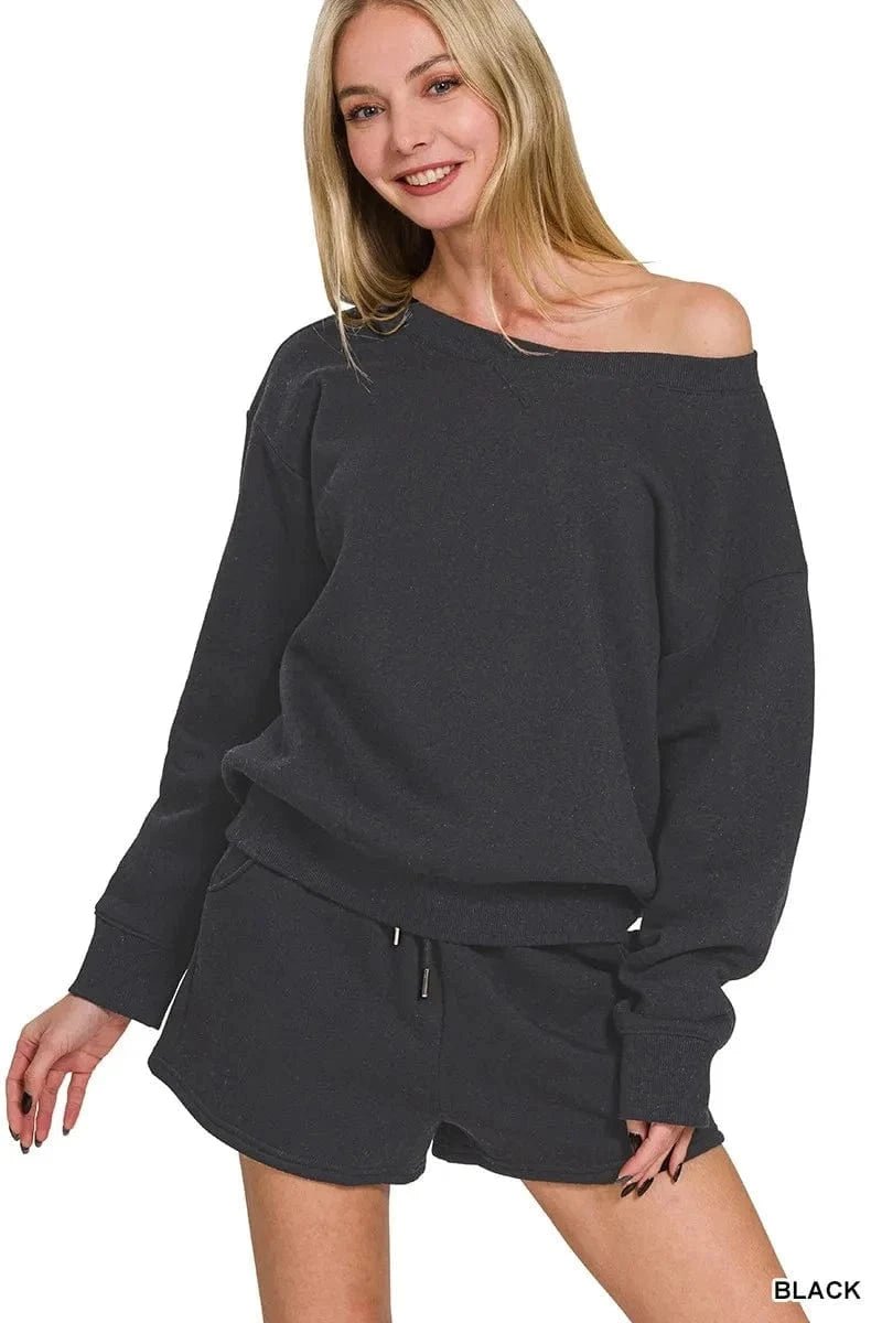 Zenana Fleece Boat Neck Sweatshirt and Shorts Set - BLACK by Trendsi from FREYA’S CLOSET
