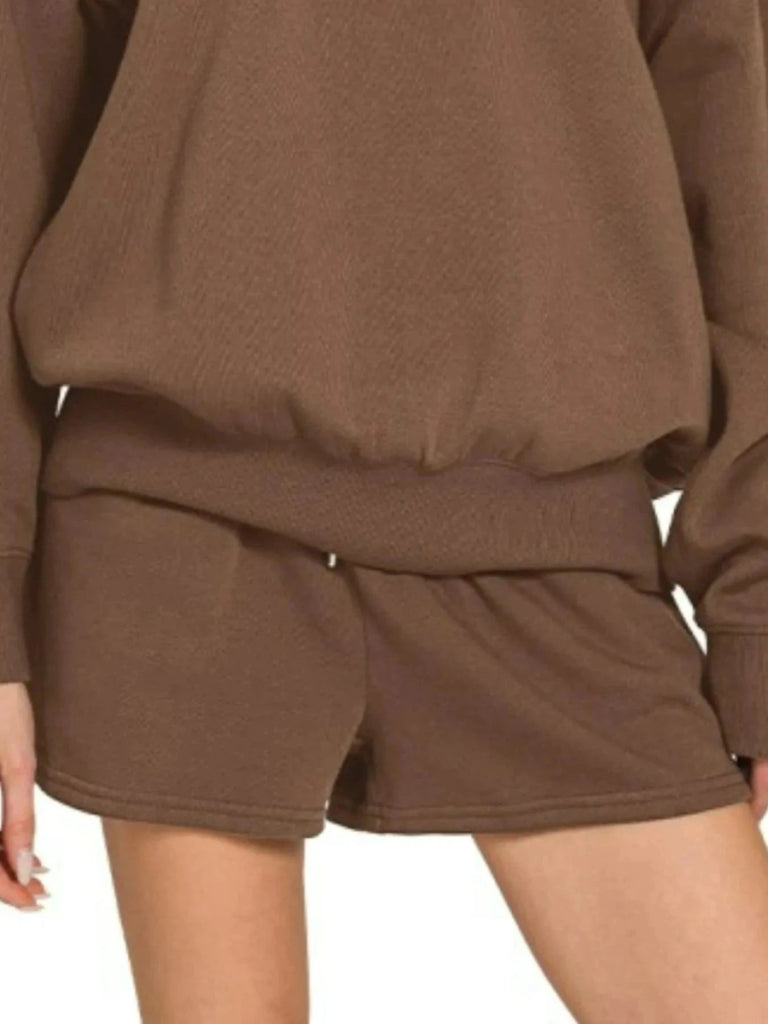 Zenana Fleece Boat Neck Sweatshirt and Shorts Set - BROWN by Trendsi from FREYA’S CLOSET