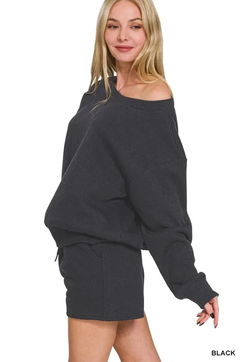 Zenana Fleece Boat Neck Sweatshirt and Shorts Set - BLACK by Trendsi from FREYA’S CLOSET
