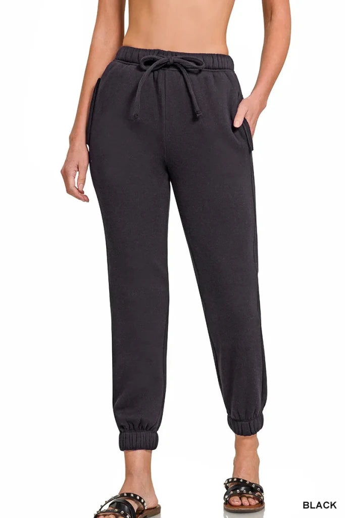 Zenana Fleece Drawstring Joggers With Pocket - BLACK by Trendsi from FREYA’S CLOSET