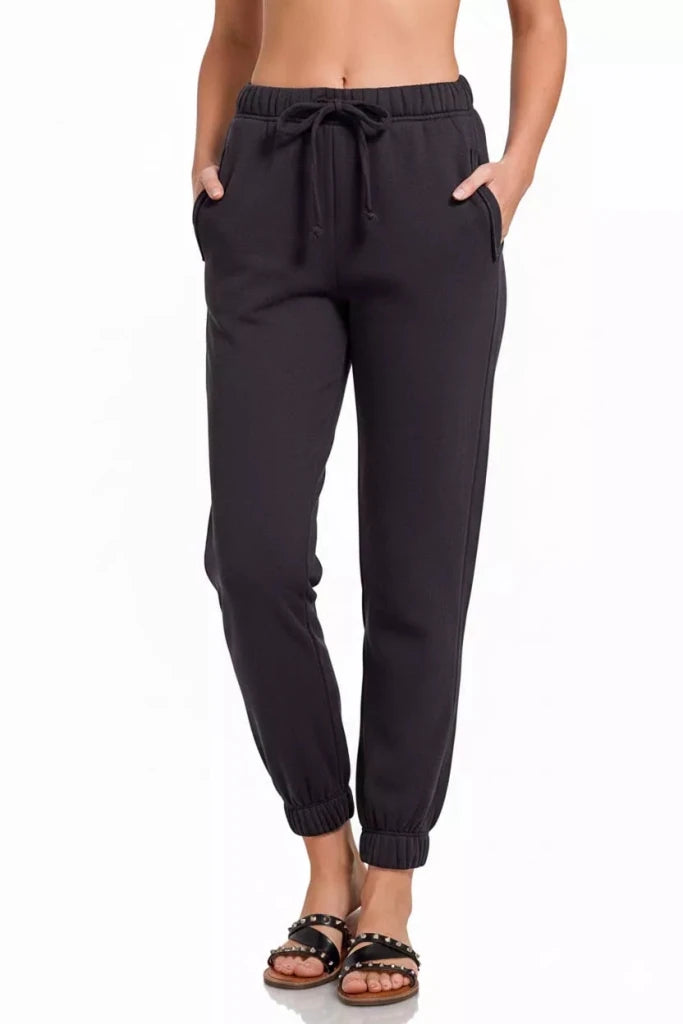 Zenana Fleece Drawstring Joggers With Pocket - BLACK by Trendsi from FREYA’S CLOSET