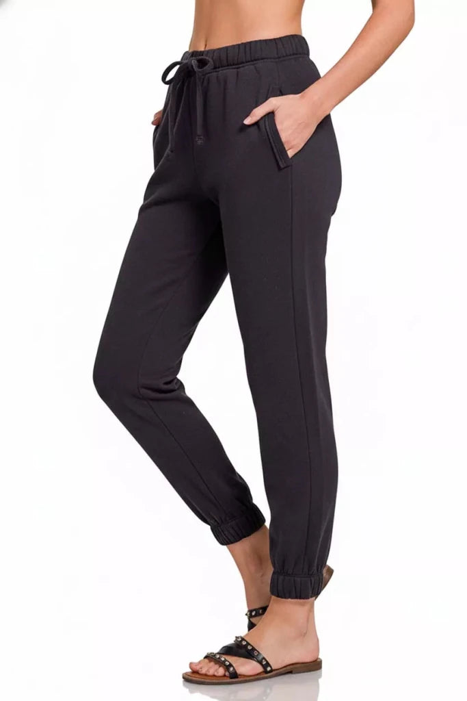 Zenana Fleece Drawstring Joggers With Pocket - BLACK by Trendsi from FREYA’S CLOSET