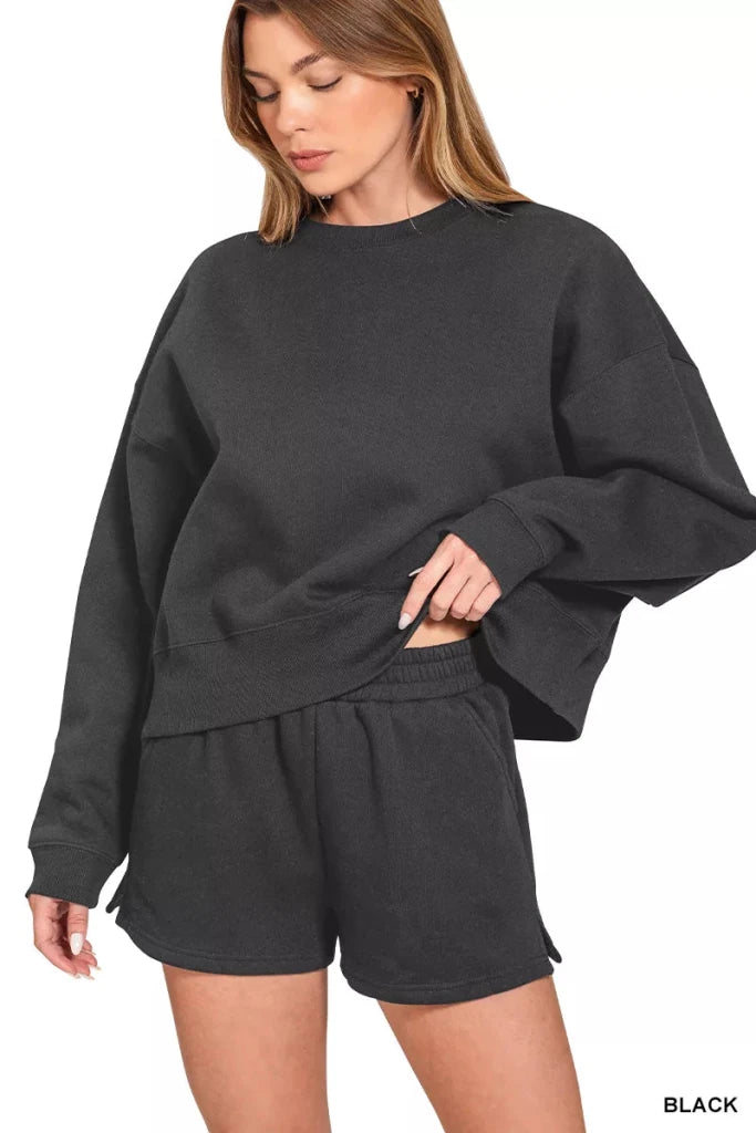 Zenana Fleece Round Neck Sweatshirt and Shorts Set - Black by Trendsi from FREYA’S CLOSET
