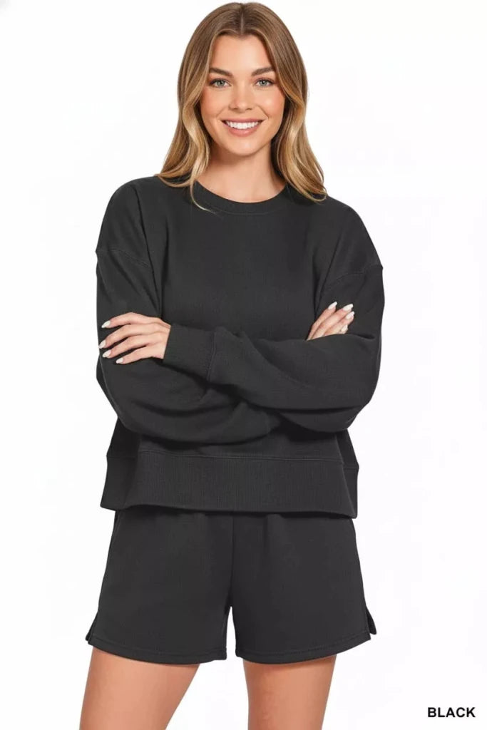 Zenana Fleece Round Neck Sweatshirt and Shorts Set - Black by Trendsi from FREYA’S CLOSET