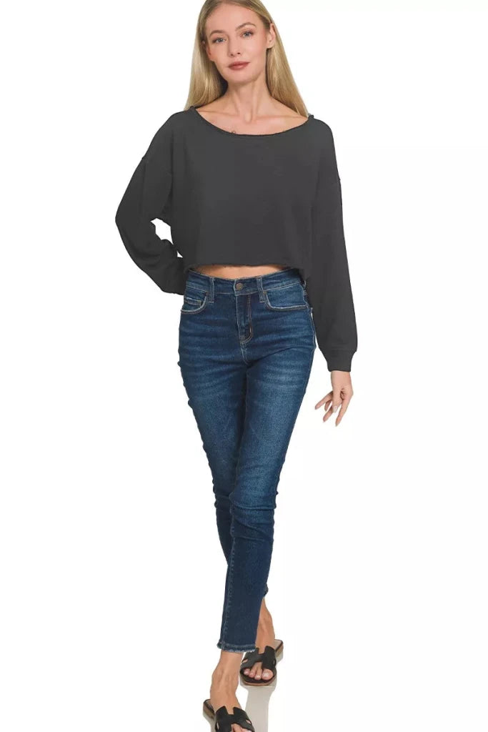 Zenana French Terry Boatneck Crop Top - BLACK by Trendsi from FREYA’S CLOSET