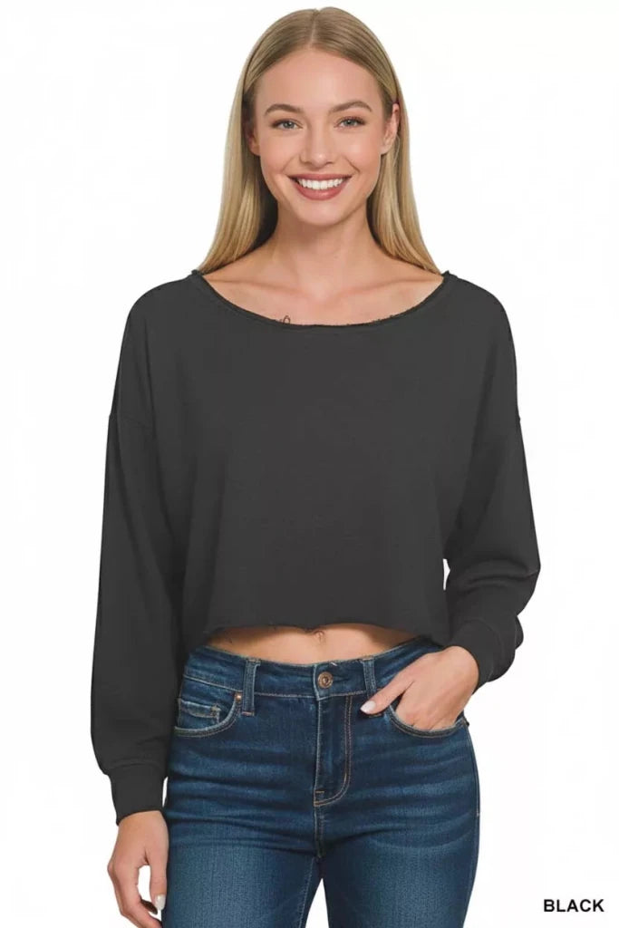 Zenana French Terry Boatneck Crop Top - BLACK by Trendsi from FREYA’S CLOSET