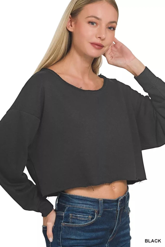 Zenana French Terry Boatneck Crop Top - BLACK by Trendsi from FREYA’S CLOSET
