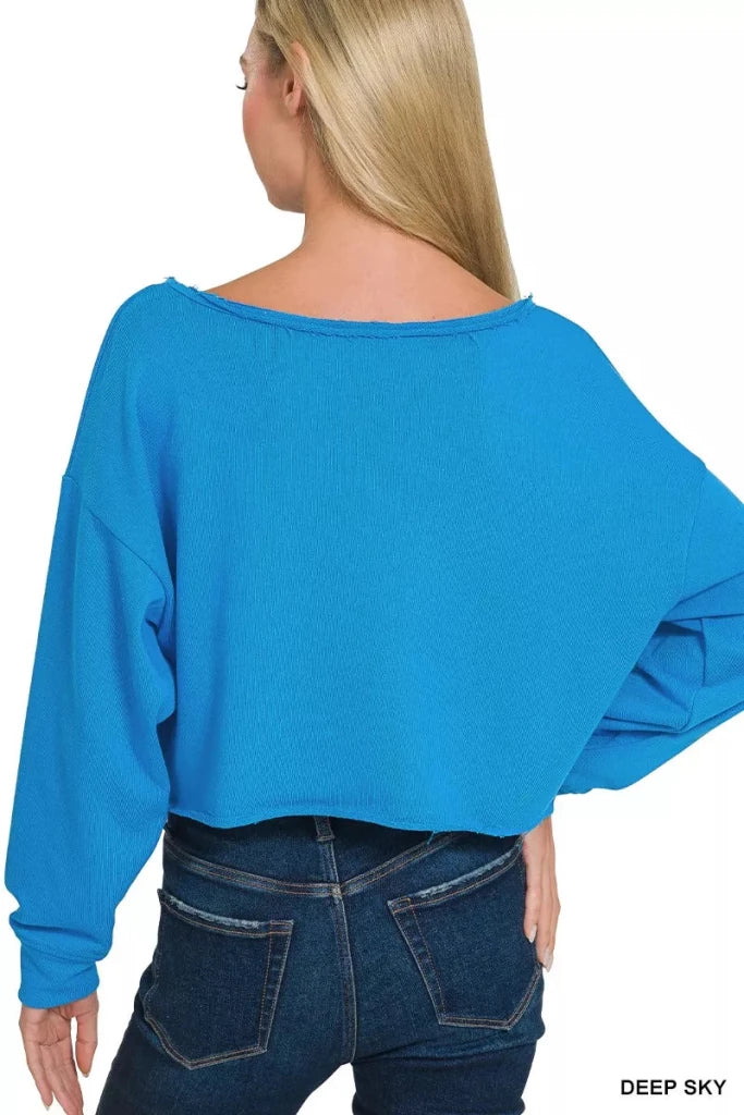 Zenana French Terry Boatneck Crop Top - DEEP SKY by Trendsi from FREYA’S CLOSET