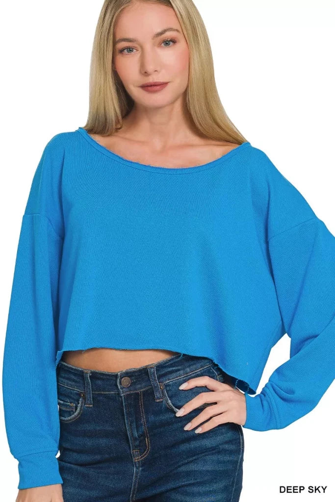 Zenana French Terry Boatneck Crop Top - DEEP SKY by Trendsi from FREYA’S CLOSET