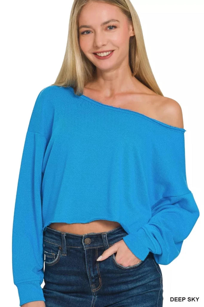 Zenana French Terry Boatneck Crop Top - DEEP SKY by Trendsi from FREYA’S CLOSET