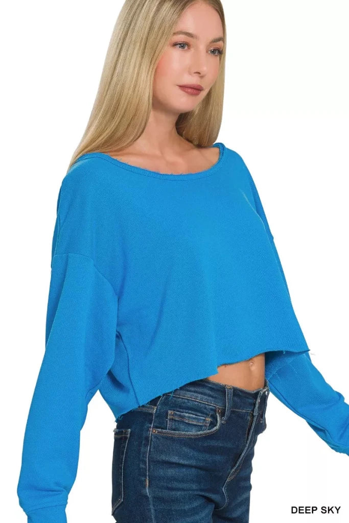 Zenana French Terry Boatneck Crop Top - DEEP SKY by Trendsi from FREYA’S CLOSET