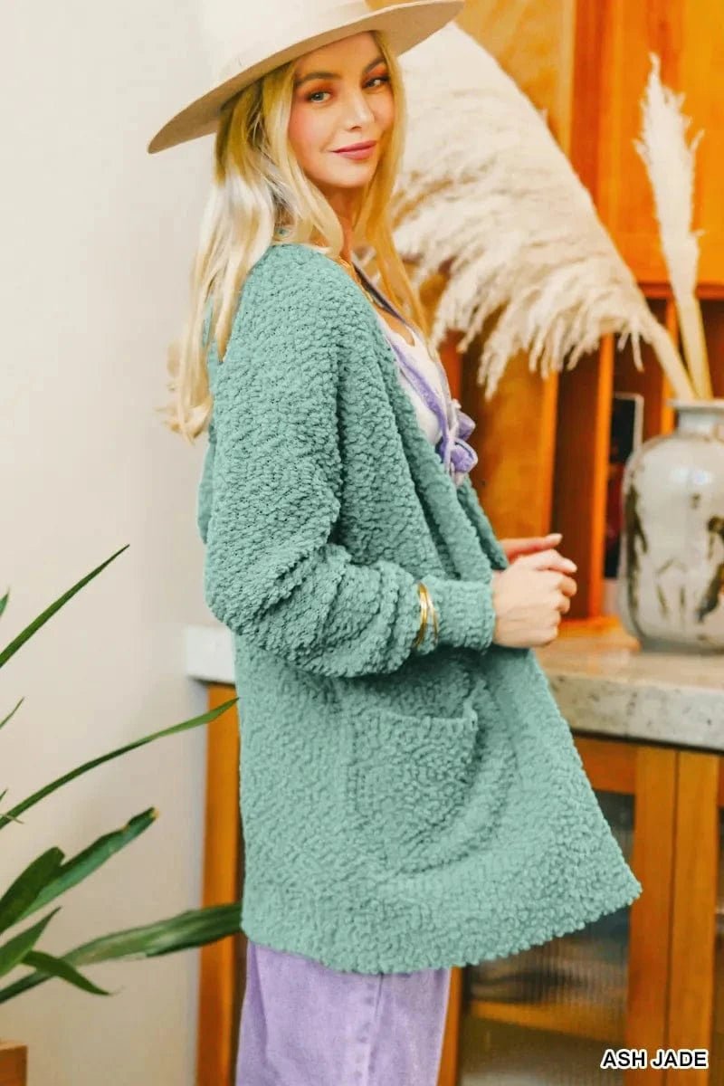 Zenana Long Sleeve Popcorn Sweater Cardigan with Pockets - ASH JADE by Trendsi from FREYA’S CLOSET