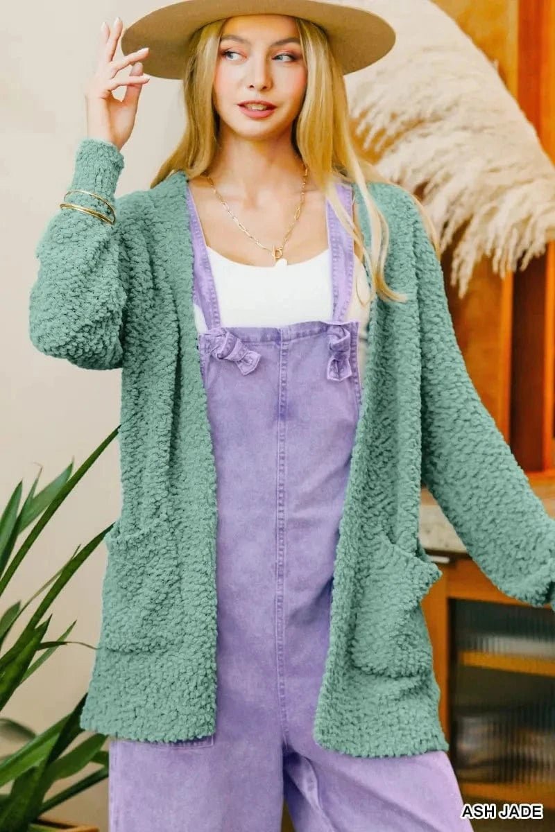 Zenana Long Sleeve Popcorn Sweater Cardigan with Pockets - ASH JADE by Trendsi from FREYA’S CLOSET