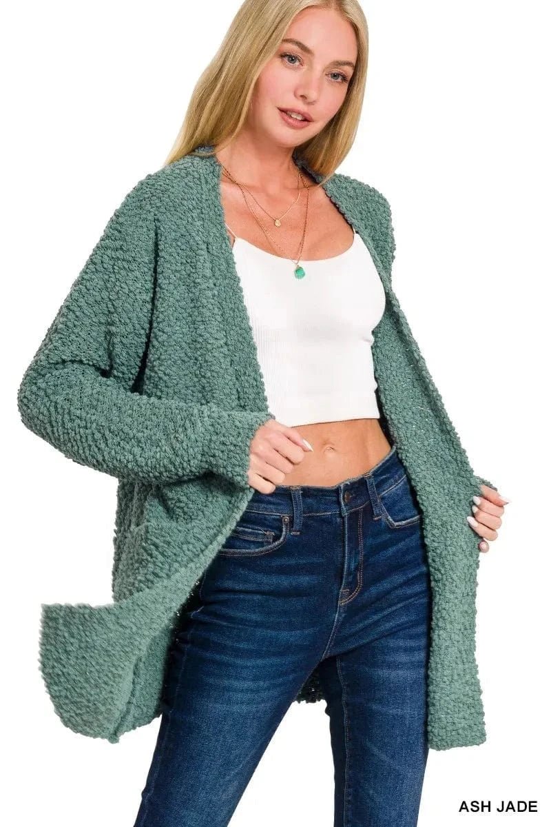 Zenana Long Sleeve Popcorn Sweater Cardigan with Pockets - ASH JADE by Trendsi from FREYA’S CLOSET