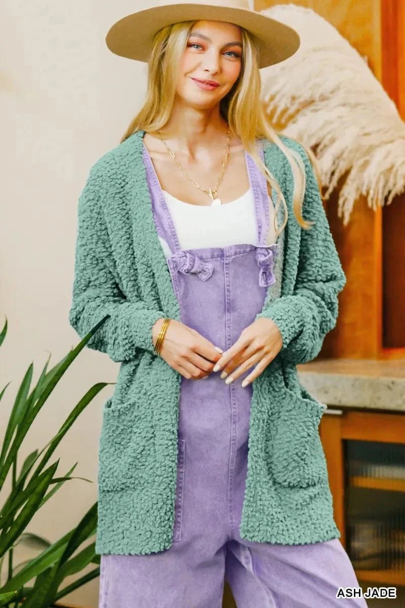 Zenana Long Sleeve Popcorn Sweater Cardigan with Pockets - ASH JADE by Trendsi from FREYA’S CLOSET