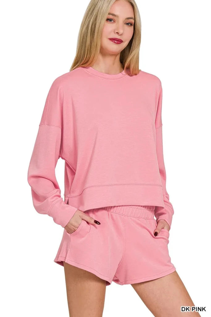 Zenana Scuba Long Sleeve Sweatshirts & Shorts Set - DK PINK by Trendsi from FREYA’S CLOSET
