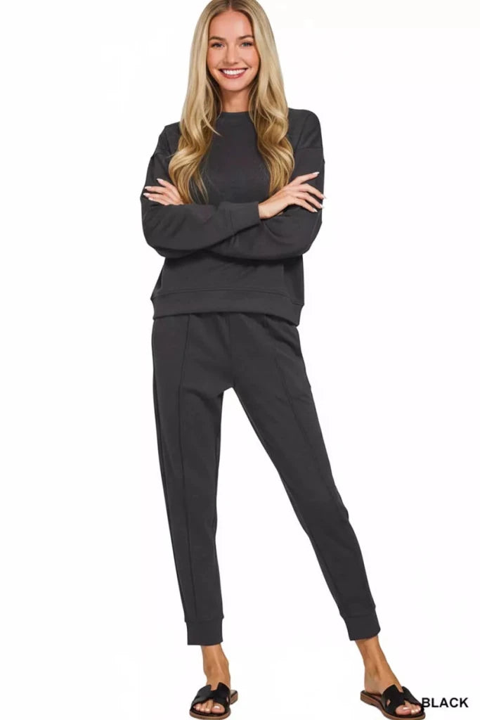 Zenana Scuba Mock Neck Sweatshirt and Joggers Set - BLACK by Trendsi from FREYA’S CLOSET