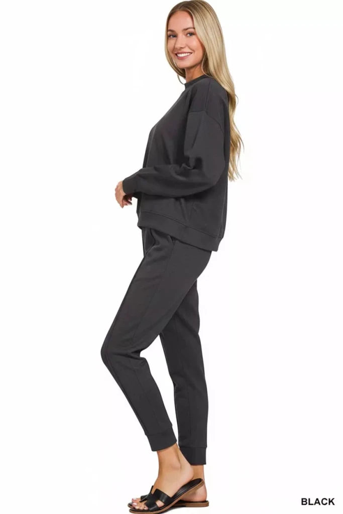 Zenana Scuba Mock Neck Sweatshirt and Joggers Set - BLACK by Trendsi from FREYA’S CLOSET