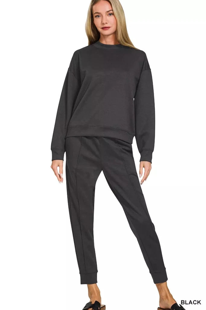 Zenana Scuba Mock Neck Sweatshirt and Joggers Set - BLACK by Trendsi from FREYA’S CLOSET