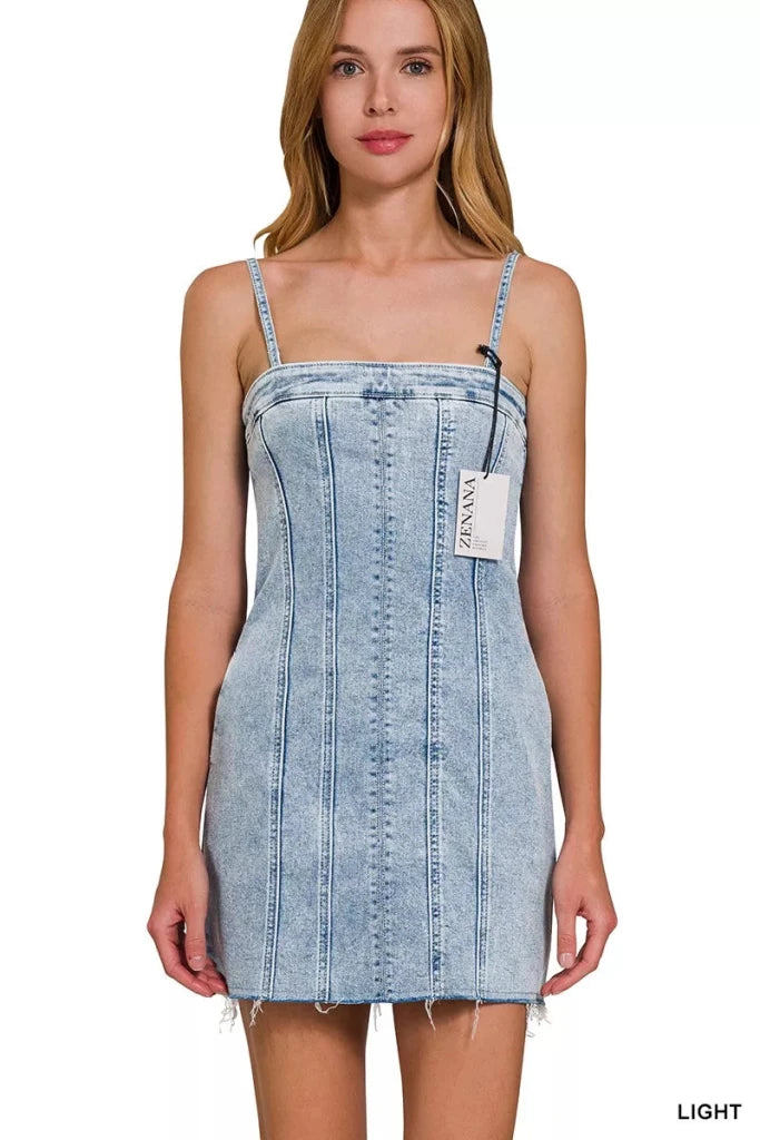 Zenana Spaghetti Strap Exposed Seam Light - Wash Dress - LIGHT by Trendsi from FREYA’S CLOSET