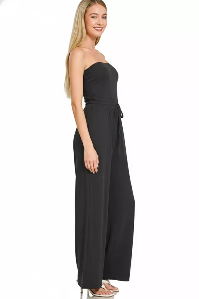 Zenana Tube Top Jumpsuit with Drawstring Waist - BLACK by Trendsi from FREYA’S CLOSET