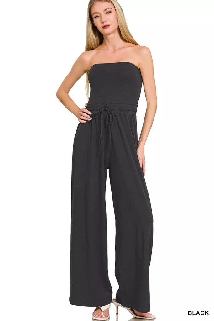 Zenana Tube Top Jumpsuit with Drawstring Waist - BLACK by Trendsi from FREYA’S CLOSET
