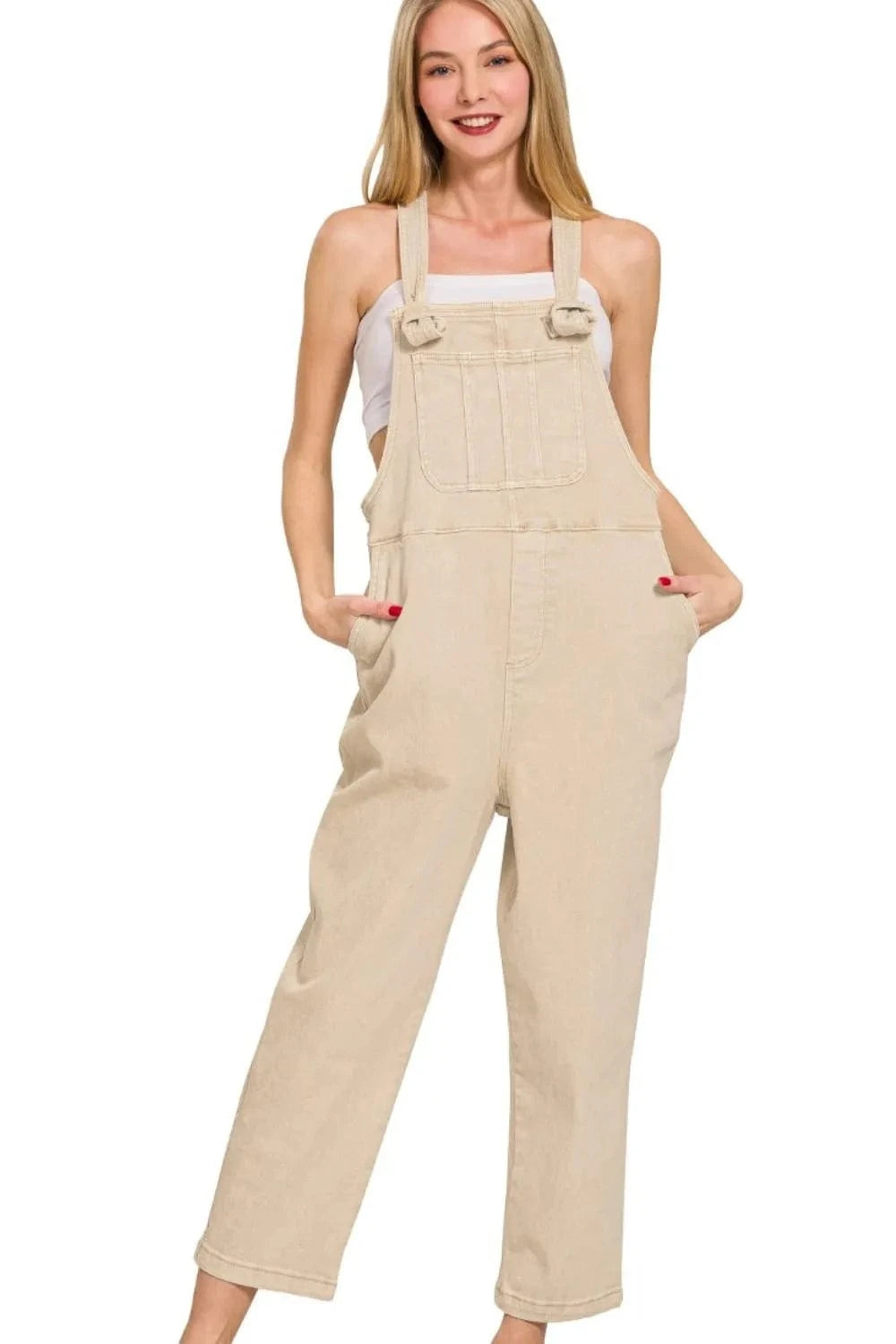 Trendsi Overalls SAND BEIGE / S Zenana Washed Knot Strap Relaxed Fit Overalls