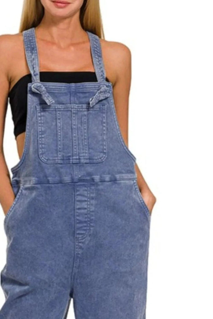 Zenana Washed Knot Strap Relaxed Fit Overalls - BLACKBERRY by Trendsi from FREYA’S CLOSET