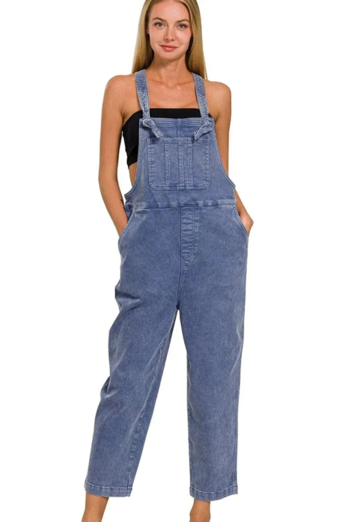 Zenana Washed Knot Strap Relaxed Fit Overalls - BLACKBERRY by Trendsi from FREYA’S CLOSET