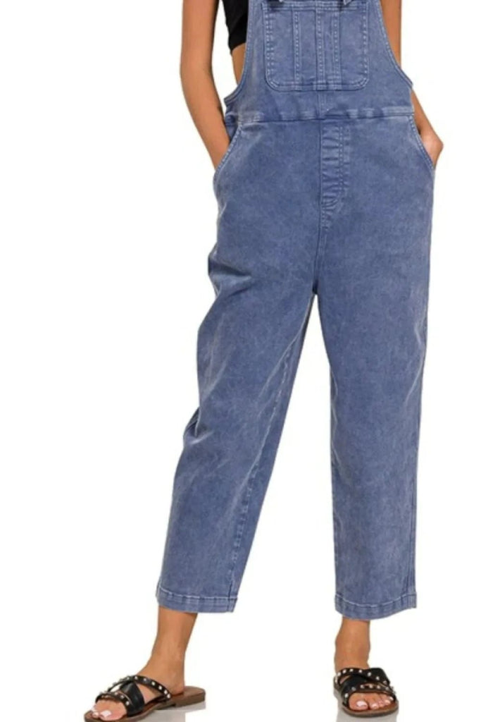 Zenana Washed Knot Strap Relaxed Fit Overalls - BLACKBERRY by Trendsi from FREYA’S CLOSET