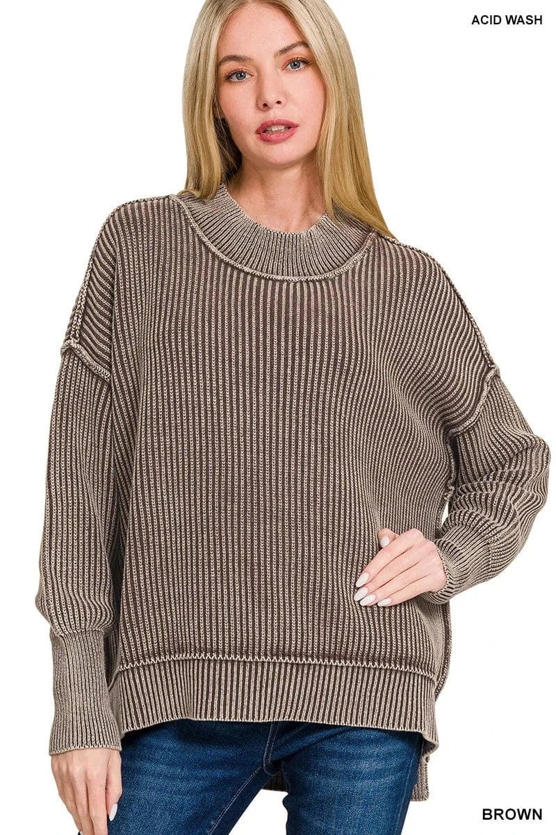 Trendsi Shirts and Blouse BROWN / S/M Zenana Washed Side Slit Oversized Sweater