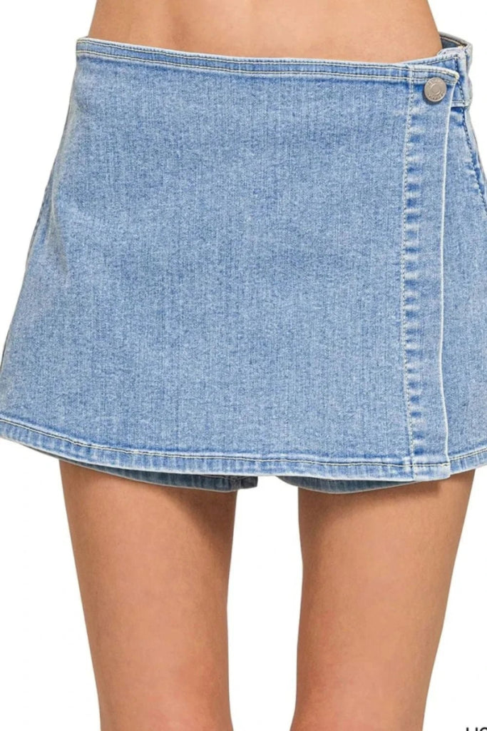 Zenana Wrap Front Skort Denim Shorts - LIGHT by Trendsi from FREYA’S CLOSET