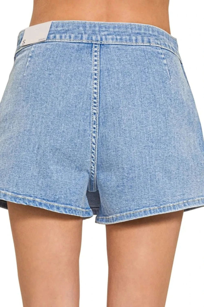 Zenana Wrap Front Skort Denim Shorts - LIGHT by Trendsi from FREYA’S CLOSET