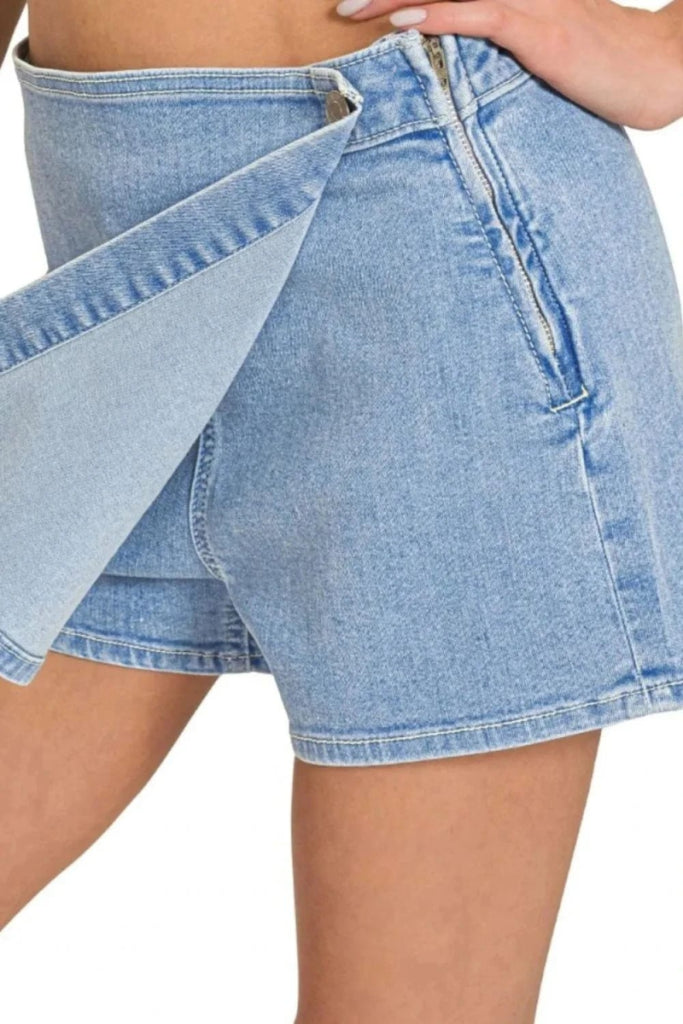 Zenana Wrap Front Skort Denim Shorts - LIGHT by Trendsi from FREYA’S CLOSET