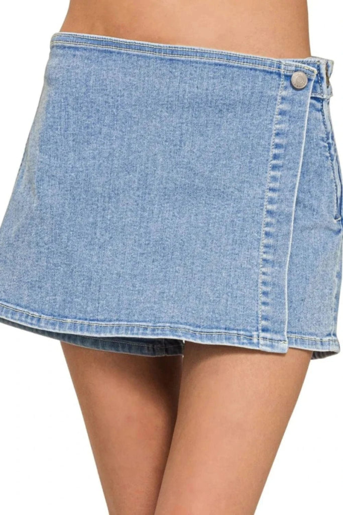 Zenana Wrap Front Skort Denim Shorts - LIGHT by Trendsi from FREYA’S CLOSET