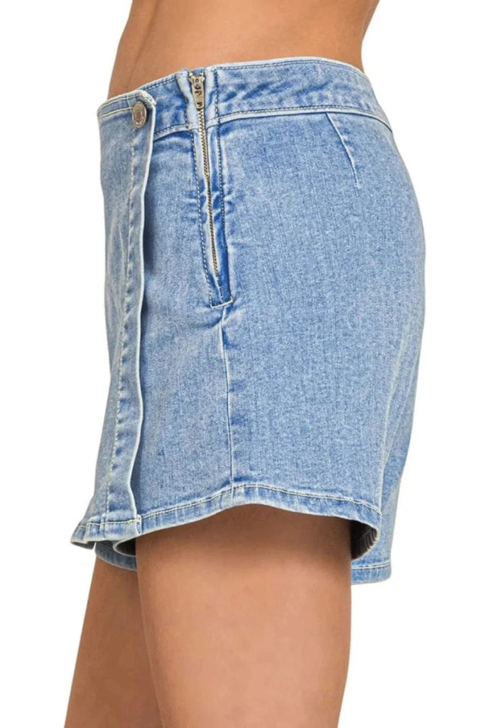 Zenana Wrap Front Skort Denim Shorts - LIGHT by Trendsi from FREYA’S CLOSET