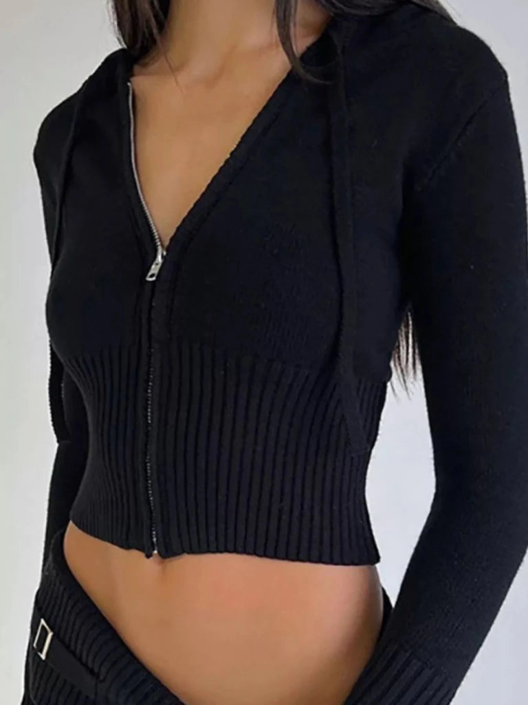 Zip Up Hooded Cardigan and Pants Sweater Set - Black by Trendsi from FREYA’S CLOSET