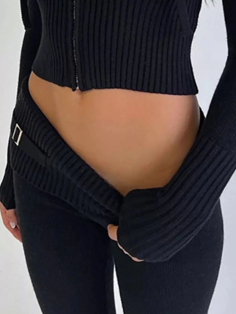 Zip Up Hooded Cardigan and Pants Sweater Set - Black by Trendsi from FREYA’S CLOSET