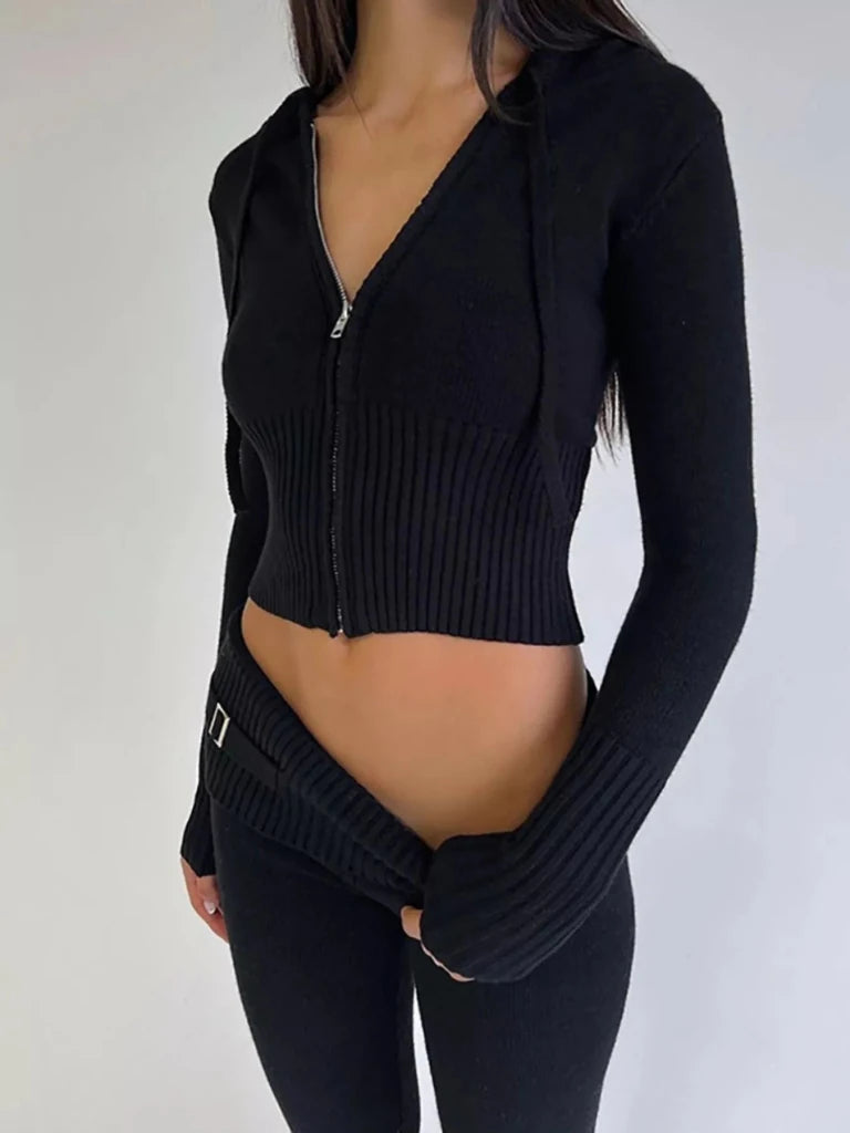 Zip Up Hooded Cardigan and Pants Sweater Set - Black by Trendsi from FREYA’S CLOSET