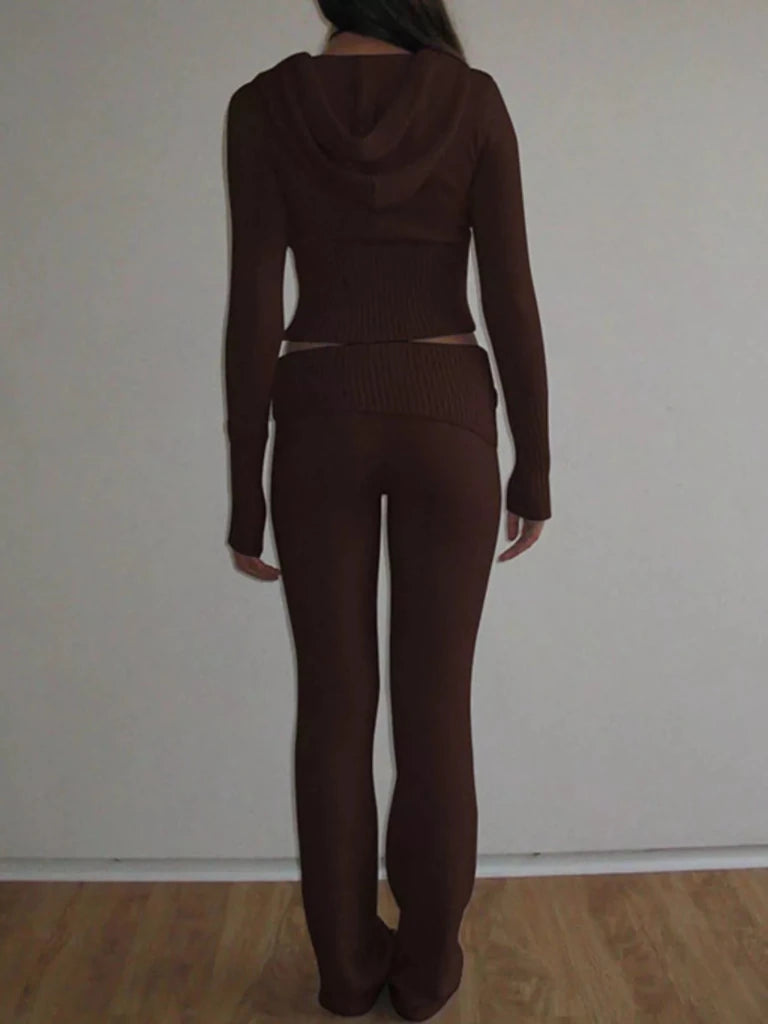 Zip Up Hooded Cardigan and Pants Sweater Set - Brown by Trendsi from FREYA’S CLOSET