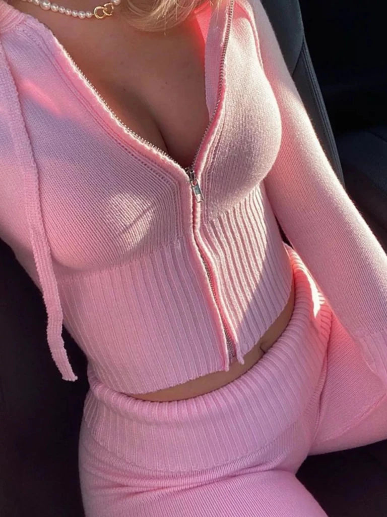 Zip Up Hooded Cardigan and Pants Sweater Set - Pink by Trendsi from FREYA’S CLOSET