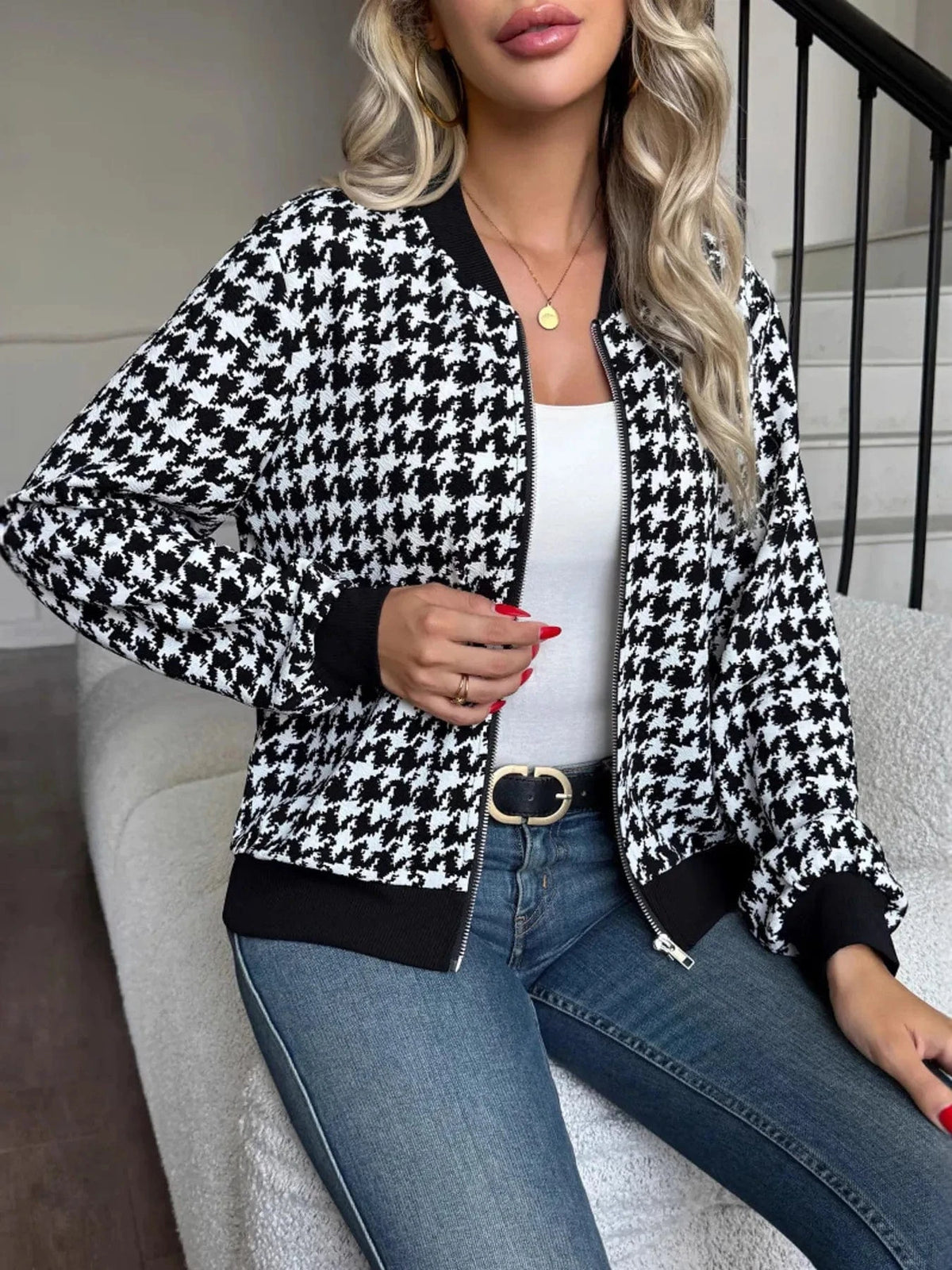 Trendsi Black / S Zip Up Houndstooth Pattern Jacket