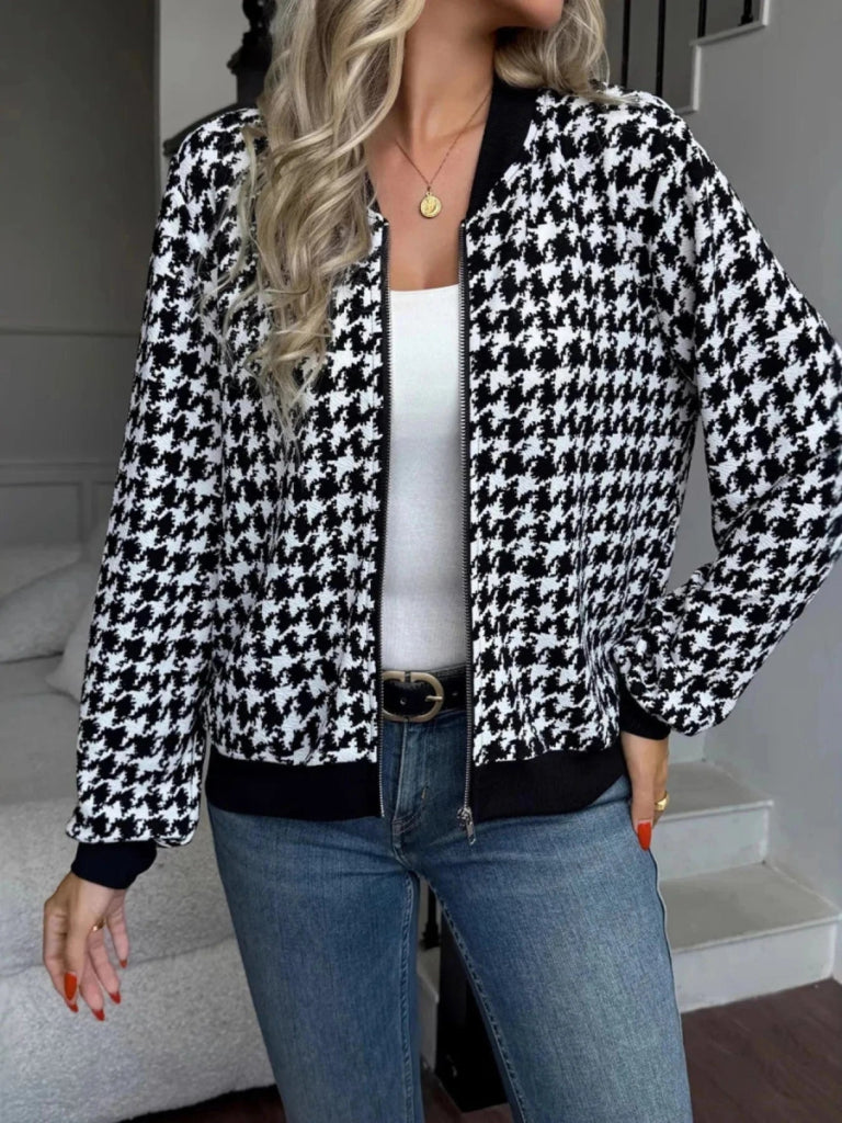 Zip Up Houndstooth Pattern Jacket - Black by Trendsi from FREYA’S CLOSET
