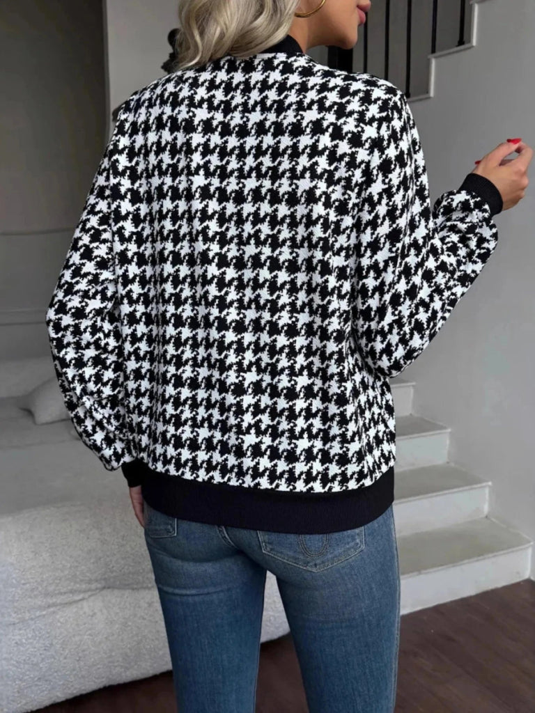 Zip Up Houndstooth Pattern Jacket - Black by Trendsi from FREYA’S CLOSET