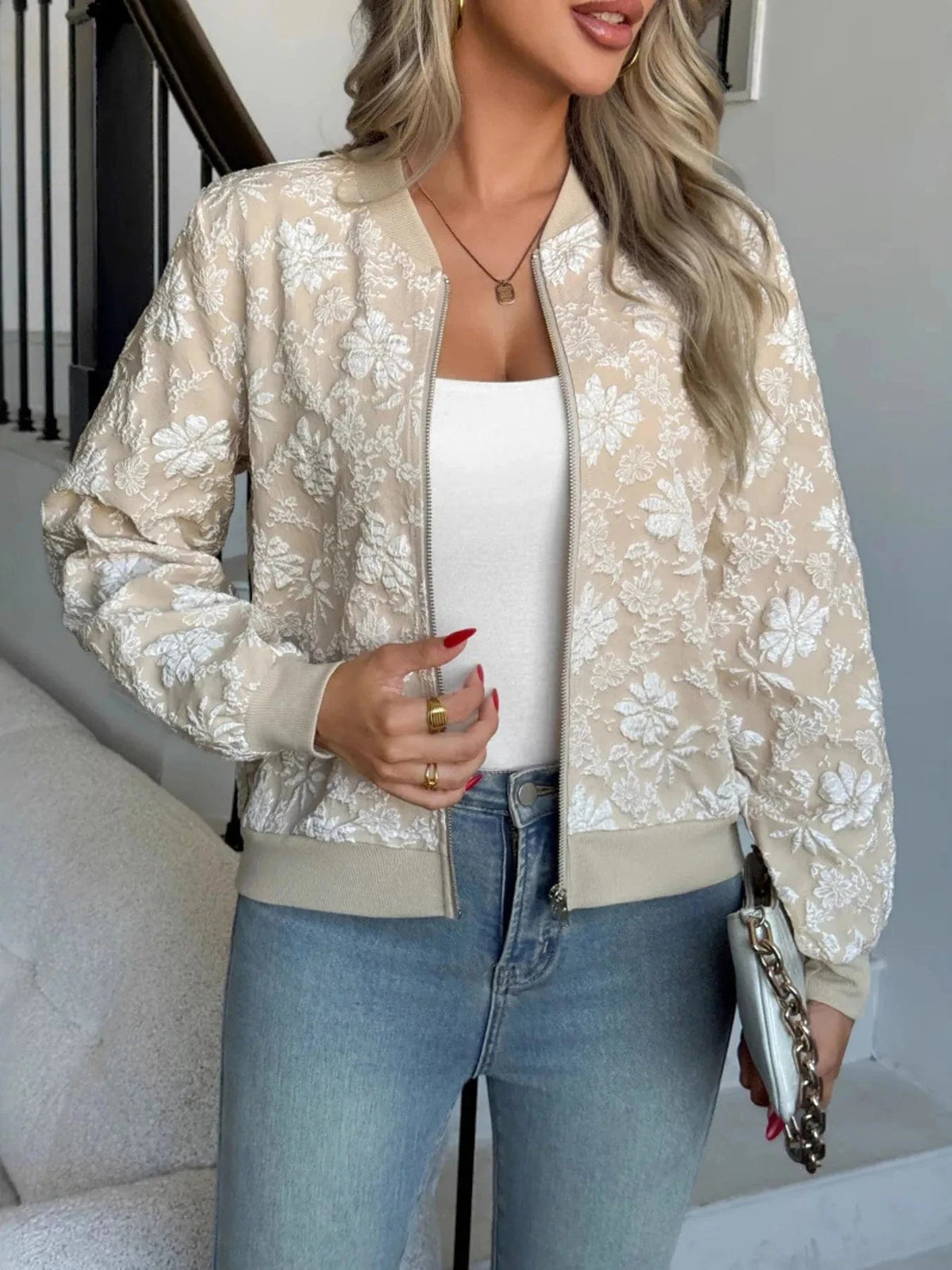 Trendsi Khaki / S Zip Up Long Sleeve Jacket
