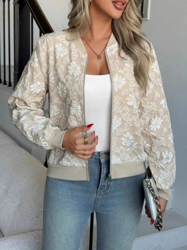 Zip Up Long Sleeve Jacket - Khaki by Trendsi from FREYA’S CLOSET